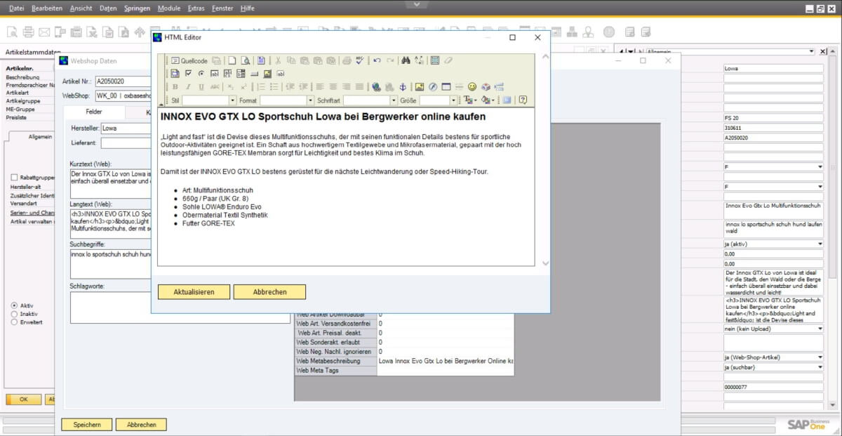 SAP Business One E-Commerce Webshopdaten HTML-Editor